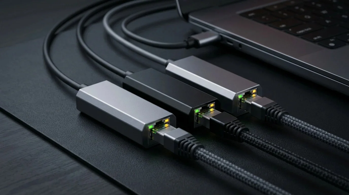 Three aluminum 2.5Gbps USB-C to RJ45 Ethernet adapters connected with braided Cat6a cables to an ultrabook laptop