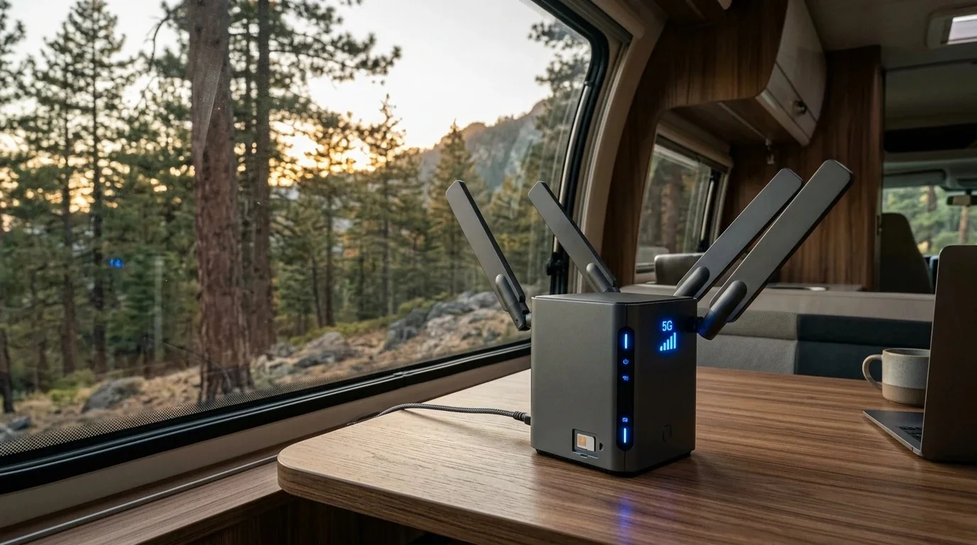 5G cellular SIM card router with external paddle antennas and glowing 5G signal indicator inside a camper RV in the mountains