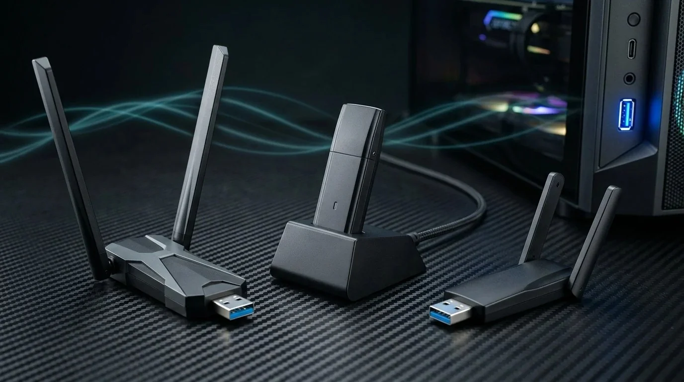 Comparison of three USB 3.0 Wi-Fi 6 adapters with high-gain antennas and desktop cradle next to a gaming PC USB 3.0 port