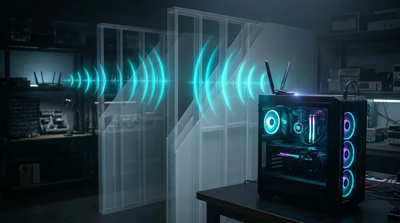 High-gain dual-antenna USB Wi-Fi 6E adapter on a gaming desktop PC receiving cyan wireless signal waves through two walls