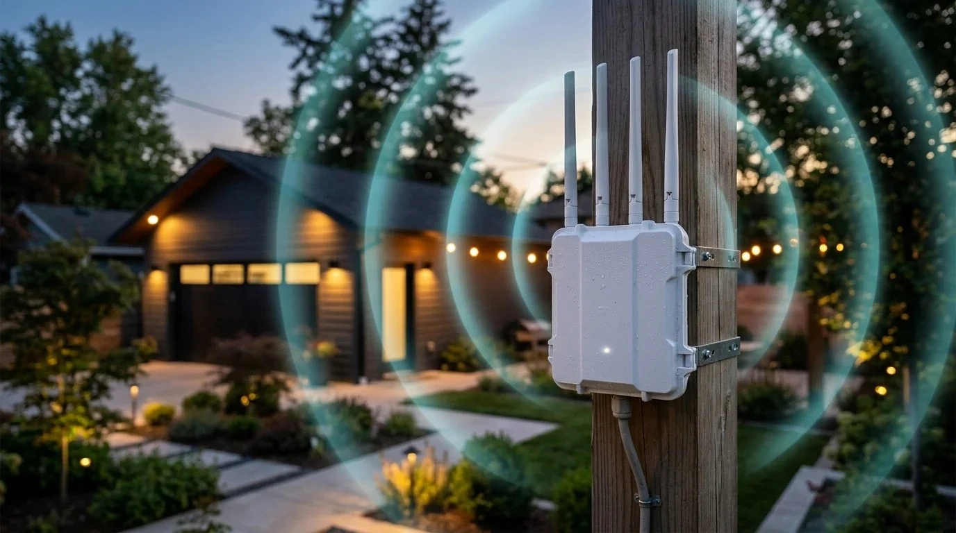 Weatherproof outdoor Wi-Fi 6 range extender with four omni-directional antennas mounted on a wooden post radiating signal to a detached garage
