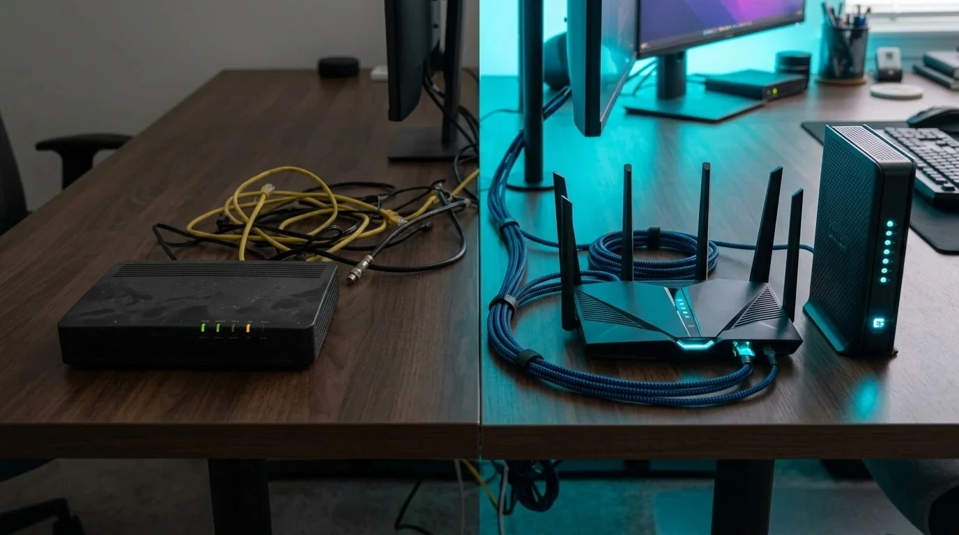 Comparison between an old dusty ISP rental gateway and a modern Wi-Fi 6E router with a DOCSIS 3.1 cable modem