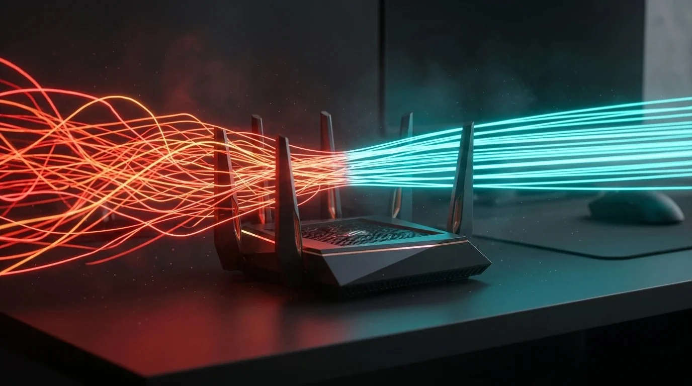 Gaming router transforming congested red network traffic into smooth low-latency cyan fiber streams using SQM queue management