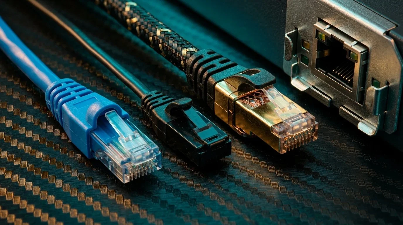 Macro comparison of standard Cat6, ultra-thin Cat6a SlimRun, and braided gold-shielded Cat8 Ethernet connectors next to a 10GbE switch port