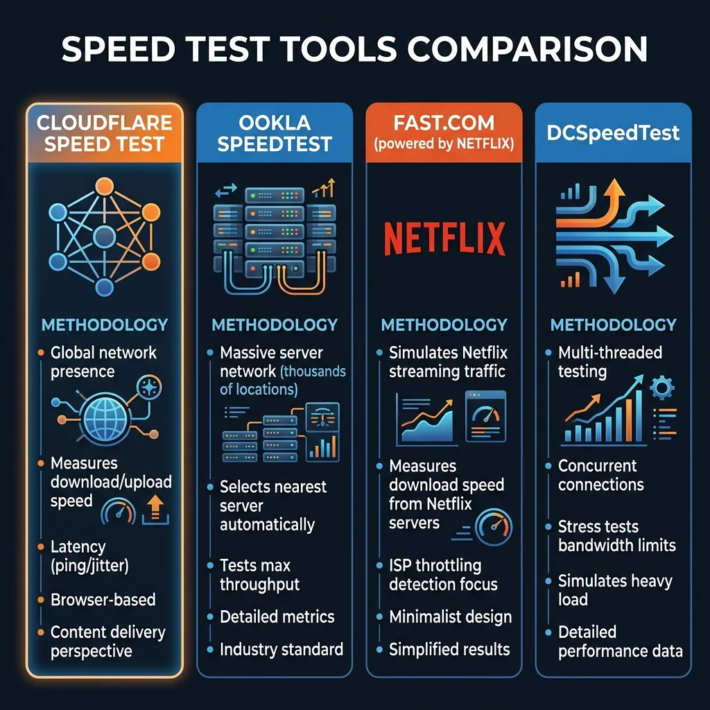 Cloudflare vs DCSpeedTest vs Fast.com vs Ookla