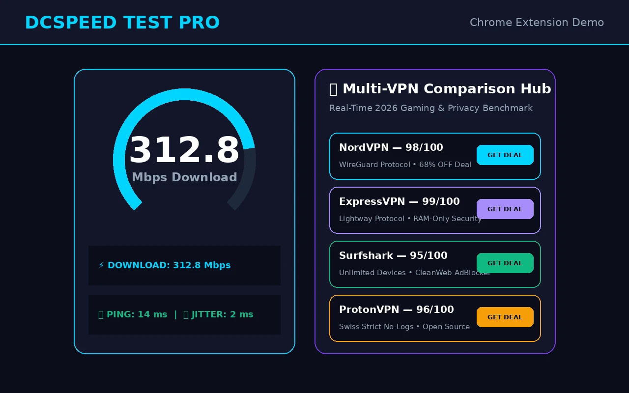 DCSpeed Chrome Extension interface showing a speed test result
