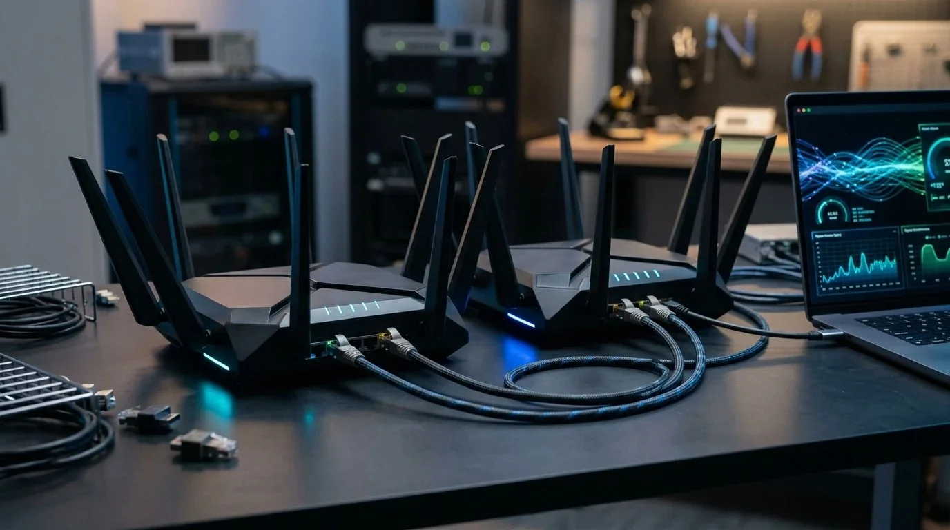Side-by-side hardware benchmark of GL.iNet Flint 3 and Flint 2 Wi-Fi 7 routers connected via Cat6a Ethernet to a network analyzer