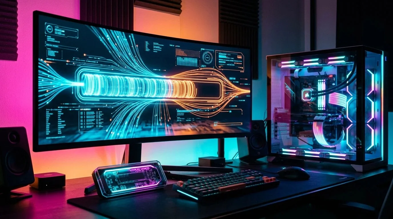Gaming PC setup with neon pink, sunset orange, and cyan lighting showing a massive fiber-optic download bar on an ultrawide monitor and external NVMe SSD
