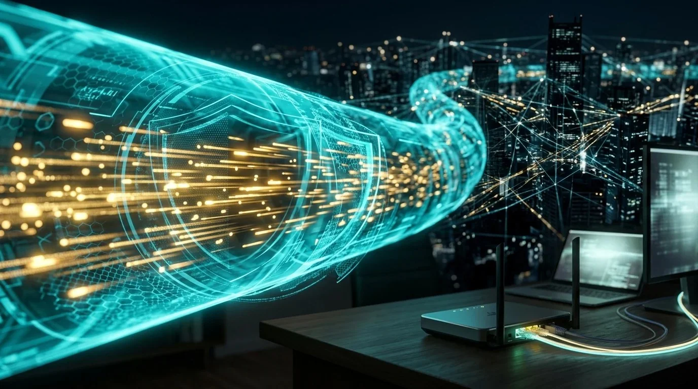 Encrypted WireGuard VPN tunnel protecting high-speed data packets through a congested metropolitan network at night