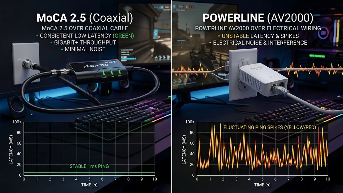 MoCA 2.5 vs Powerline Adapter for Gaming: Latency, Jitter & Packet Loss Tested