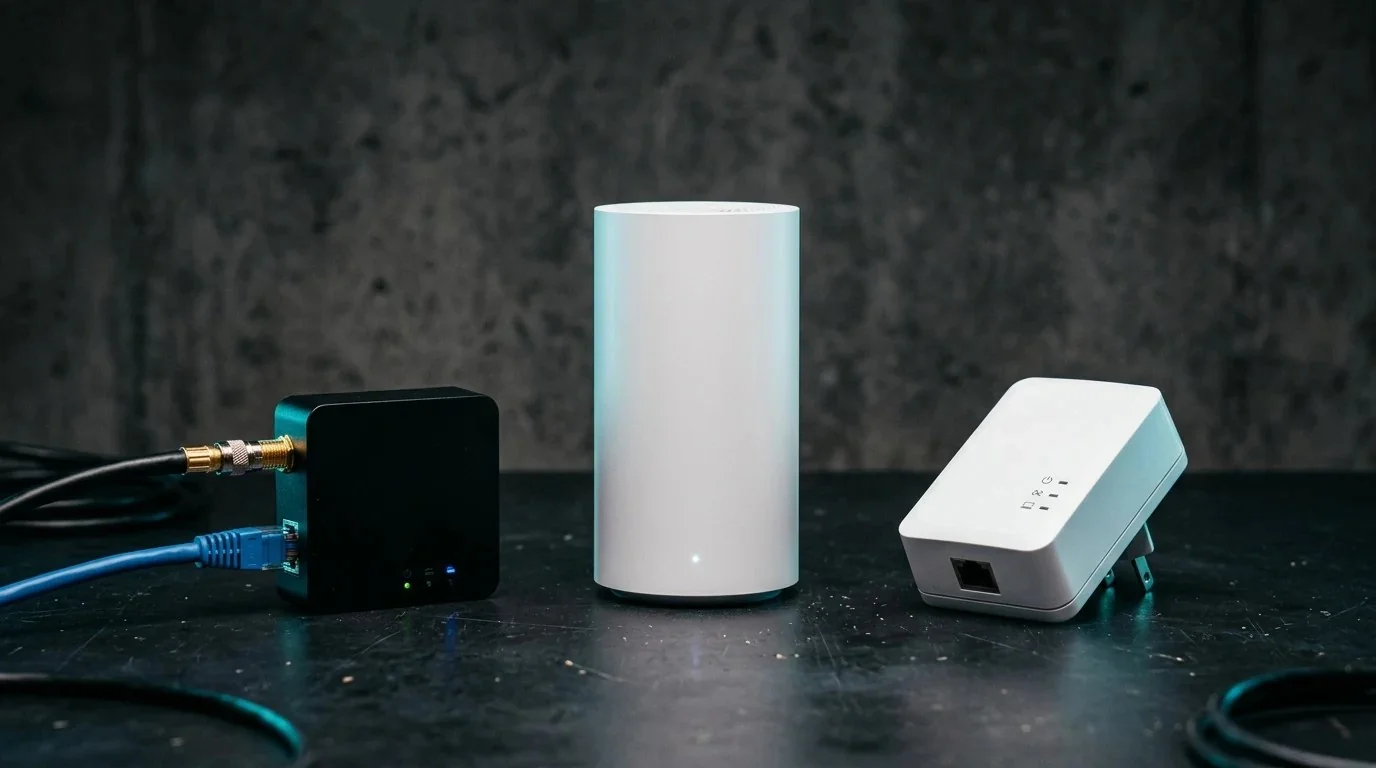 Side-by-side comparison of a MoCA 2.5 coaxial adapter, a white Wi-Fi 7 mesh router node, and a Powerline Ethernet adapter in front of a concrete wall