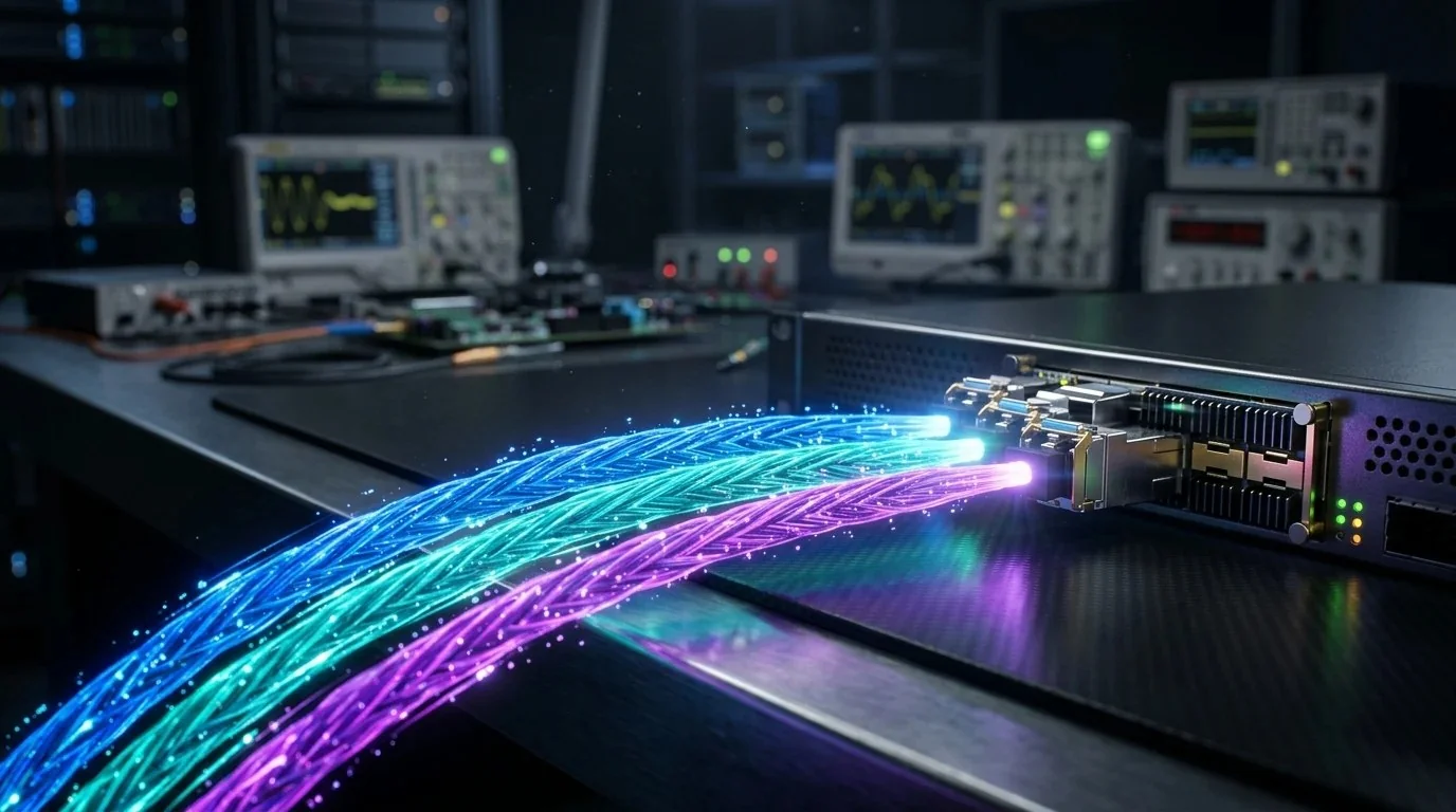 Three glowing fiber-optic encrypted data streams in blue, teal, and purple racing into a 10Gbps network transceiver in a benchmark lab