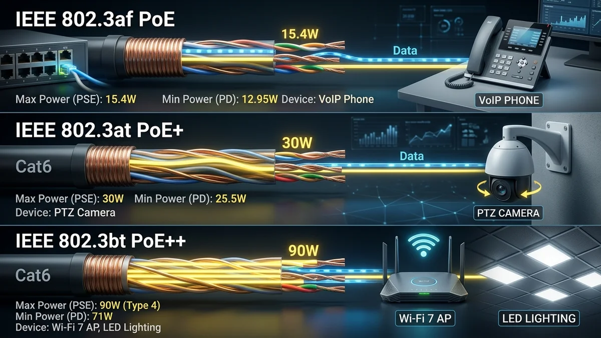 PoE vs PoE+ vs PoE++ Explained: Standards, Wattage & Cable Compatibility
