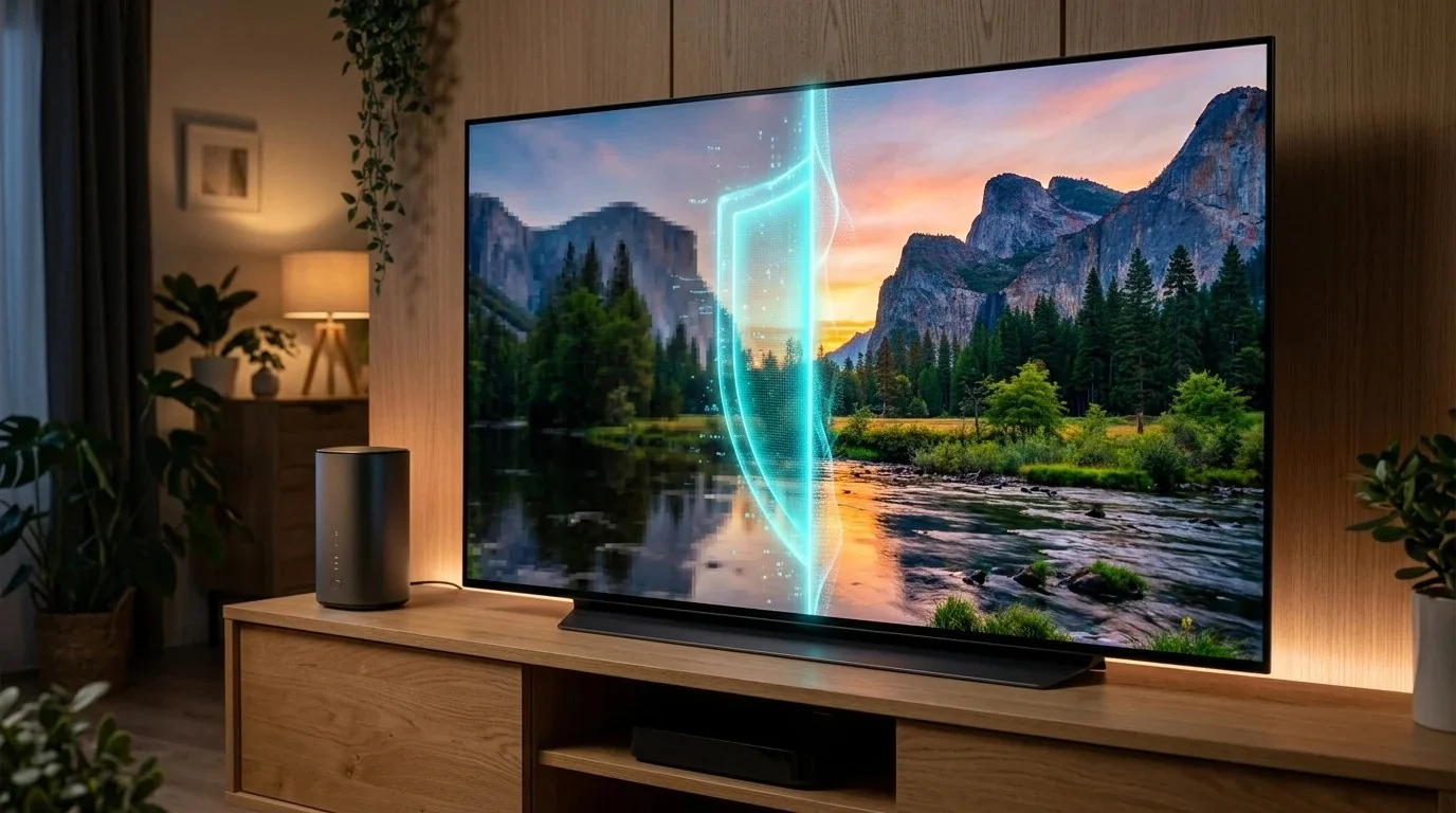5G home internet gateway next to an OLED TV showing pixelated video transforming through a cyan VPN shield into sharp 4K HDR