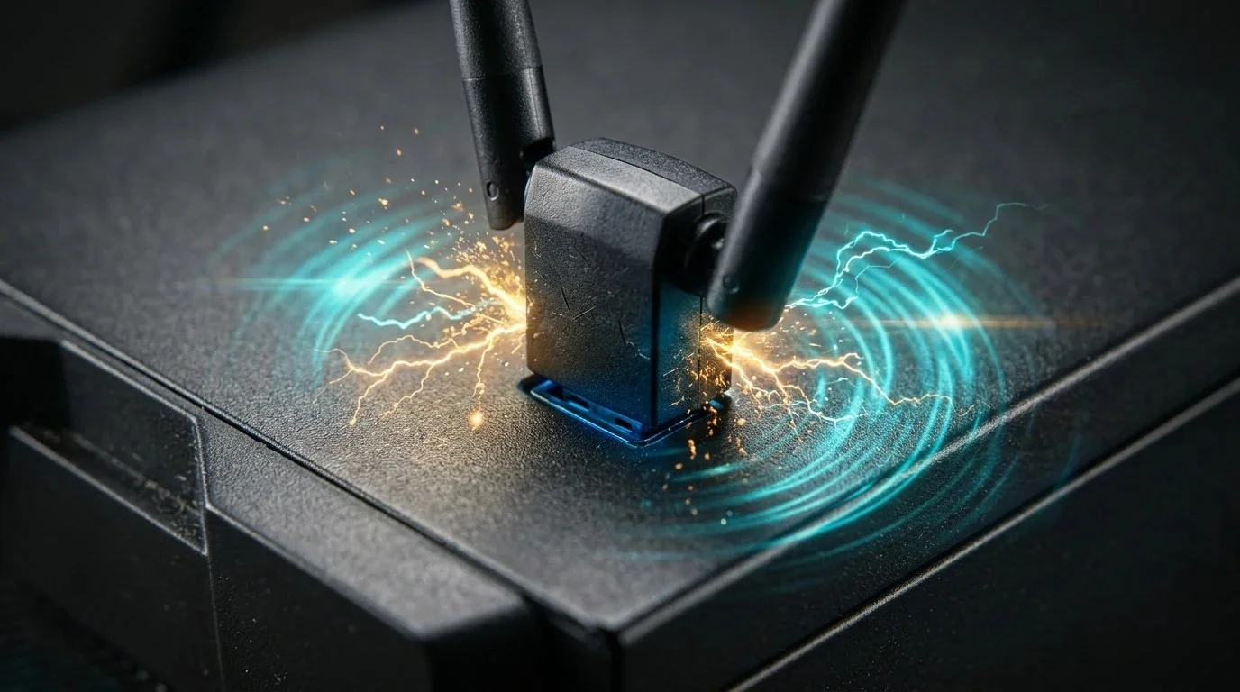 Macro close-up of a dual-antenna USB Wi-Fi adapter plugged into a glowing blue USB 3.0 port with cyan and amber signal pulse waves
