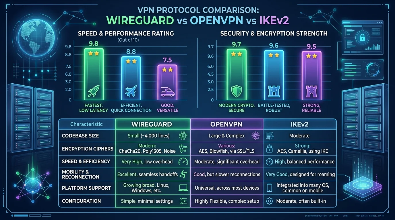 VPN Protocol Comparison 2026: WireGuard vs OpenVPN vs IKEv2 Speed Test